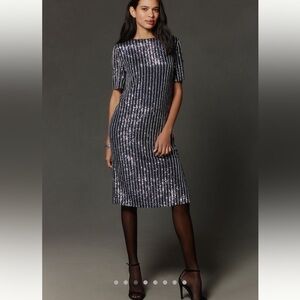 NWT new small Anthropologie flat white short sleeve sequin stripe midi dress